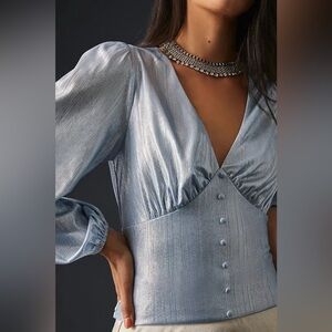 Flat White Anthropologie Shine Sky Blue Blouse NWOT Size S